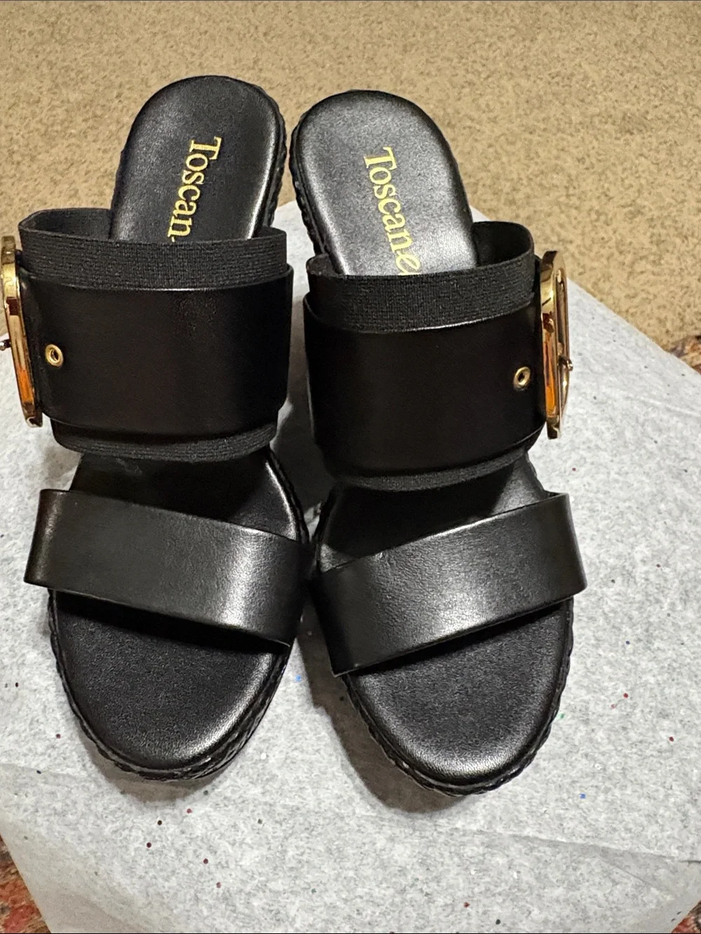 Toscanella Black Wedge Sandals with Gold Buckle Accent